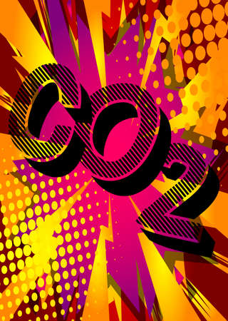 CO2. Comic book word text on abstract comics background. Retro pop art style illustration. CO2 emissions emission Carbon dioxide air pollution reduction zone concept.のイラスト素材