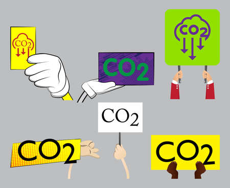 Hand holding up a banner with CO2 text. Showing billboard banner, sign. CO2 emissions emission Carbon dioxide air pollution reduction zone concept.のイラスト素材