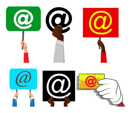 Hand holding up a banner with At sign, E-Mail, mail internet symbol. Man showing billboard banner, sign.のイラスト素材