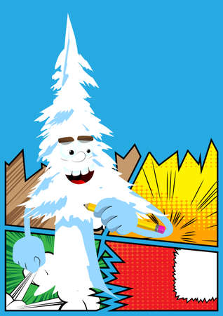 Cartoon winter pine trees with faces writing with pencil. Cute forest trees. Snow on pine cartoon character, funny holiday vector illustration.のイラスト素材