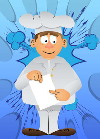 Fat male cartoon chef in uniform holding white paper and pointing at it. Vector illustration.のイラスト素材