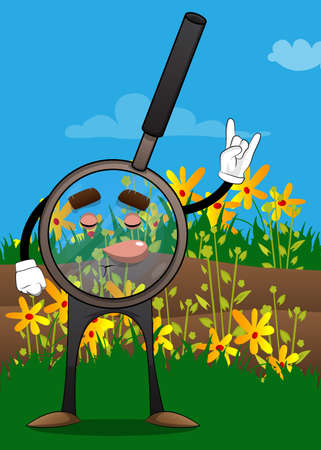 Magnifier with hands in rocker pose. Cartoon Character science research object, analysis, business, examination, optics concept.のイラスト素材
