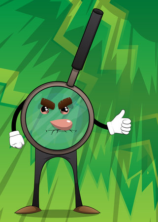 Magnifier making thumbs up sign. Cartoon Character science research object, analysis, business, examination, optics concept.のイラスト素材
