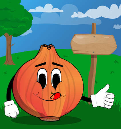 Onion making thumbs up sign. Cartoon Farm Vegetable character. Funny Plant illustration.のイラスト素材