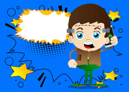 Kid dressed for Halloween talking on cell phone. Vector cartoon character illustration of kids ready to Trick or Treat.のイラスト素材