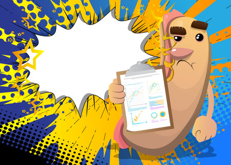 Hot Dog shows finance report. American fast food as a cartoon character with face.のイラスト素材