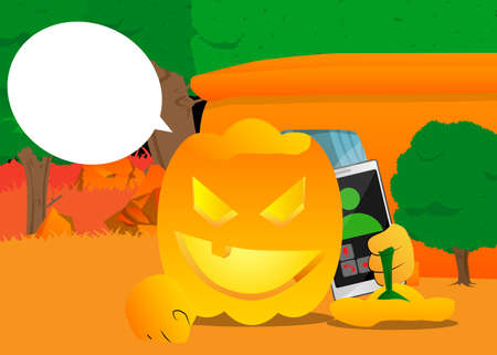 Decorative pumpkin for Halloween talking on cell phone as a cartoon character with face. Vector Illustration.のイラスト素材