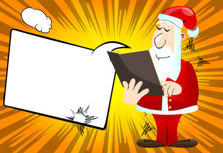 Santa Claus in his red clothes with white beard reading and pointing at an opened book. Vector cartoon character illustration.のイラスト素材