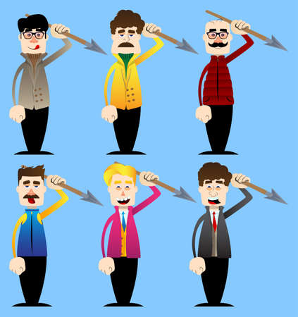 Funny cartoon man dressed for winter holding spear in his hand. Vector illustration.のイラスト素材