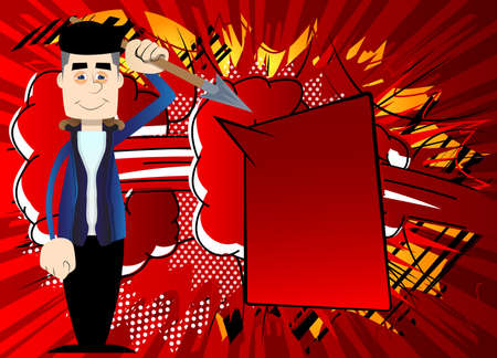 Funny cartoon man dressed for winter holding spear in his hand. Vector illustration.のイラスト素材