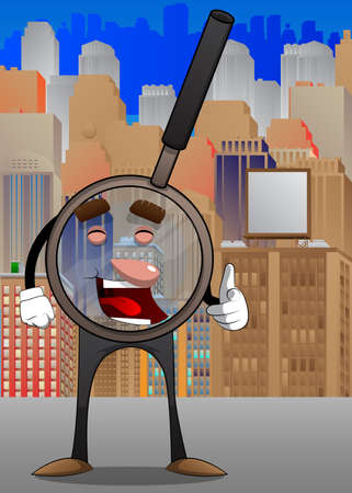 Magnifier pointing at the viewer with his hand. Cartoon Character science research object, analysis, business, examination, optics concept.のイラスト素材
