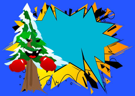 Cartoon winter pine trees with faces holding his fists in front of him ready to fight wearing boxing gloves. Cute forest trees. Snow on pine cartoon character.のイラスト素材