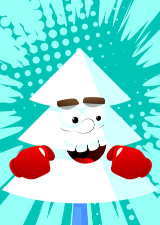 Cartoon winter pine trees with faces holding his fists in front of him ready to fight wearing boxing gloves. Cute forest trees. Snow on pine cartoon character.のイラスト素材