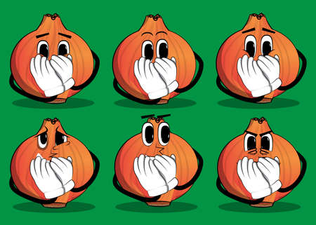 Onion with hands over mouth. Cartoon Farm Vegetable character. Funny Plant illustration.のイラスト素材