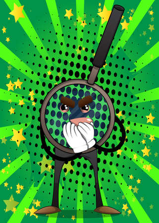 Magnifier with hands over mouth. Cartoon Character science research object, analysis, business, examination, optics concept.のイラスト素材