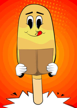 Ice Cream reading a book. Summer refreshment, sweet food as a cartoon character with face.のイラスト素材