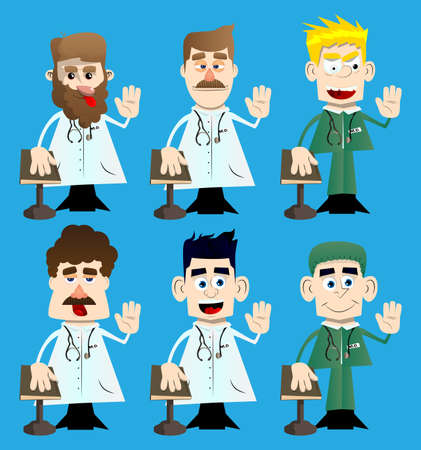 Funny cartoon doctor raising his hand and put the other on a holy book. Vector illustration.のイラスト素材