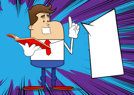 Simple retro cartoon of a businessman reading a red book and making a point. Professional finance employee white wearing shirt with red tie.のイラスト素材