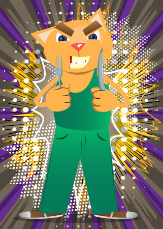 Funny cartoon cat holding up a knife and fork. Vector illustration. Cute orange, yellow haired young kitten.のイラスト素材