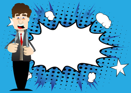 Funny cartoon man dressed for winter holding up a knife and fork. Vector illustration.のイラスト素材