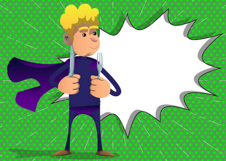 Funny cartoon man dressed as a superhero holding up a knife and fork. Vector illustration.のイラスト素材