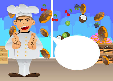 Fat male cartoon chef in uniform crossing his fingers and wishing for good luck. Vector illustration.のイラスト素材