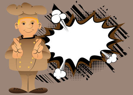 Fat male cartoon chef in uniform crossing his fingers and wishing for good luck. Vector illustration.のイラスト素材