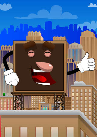 Billboard making thumbs up sign. Cute cartoon advertisement sign, banner character.のイラスト素材