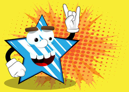 Star with hands in rocker pose. Funny and cute cartoon character, with anthropomorphic face.のイラスト素材