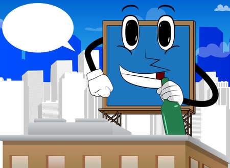 Billboard holding a bottle. Cute cartoon advertisement sign, banner character.のイラスト素材