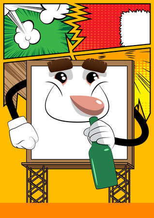 Billboard holding a bottle. Cute cartoon advertisement sign, banner character.のイラスト素材