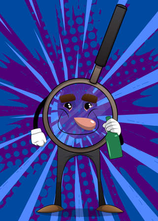 Magnifier holding a bottle. Cartoon Character science research object, analysis, business, examination, optics concept.のイラスト素材