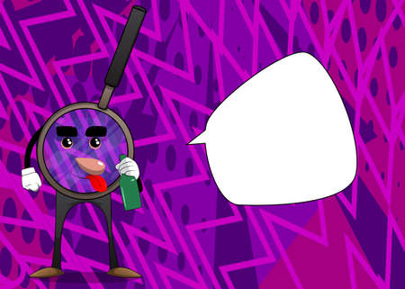 Magnifier holding a bottle. Cartoon Character science research object, analysis, business, examination, optics concept.のイラスト素材