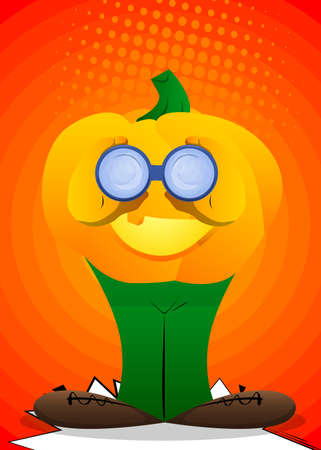 Decorative pumpkin for Halloween looking through binoculars as a cartoon character with face. Vector Illustration.のイラスト素材