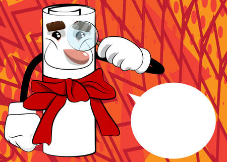 Rolled paper with red ribbon as a diploma holding a magnifying glass. Cartoon Character.のイラスト素材