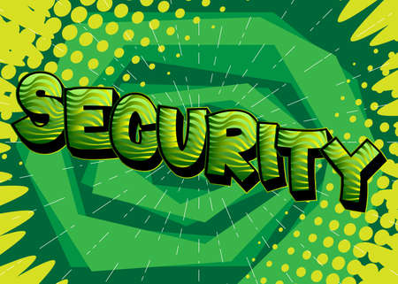 Security. Comic book word text on abstract comics background. Retro pop art style illustration.のイラスト素材