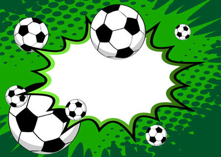Comic book poster with football ball. Soccer balls on comics backdrop. Retro pop art style sport event banner. Vector illustraton for invitation, book cover, flyer, leaflet.のイラスト素材