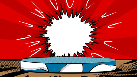 Comics podium stage. Comic Book product scene pedestal for mockup presentation. Vector illustration abstract platform. Vintage texture, background.のイラスト素材