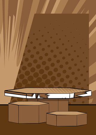 Comic Book Stage. Brown Hexagonal Showcase. Cartoon podium for mockup presentation. Vector Product Advertisement Space. Graphic Presentation Illustration.のイラスト素材
