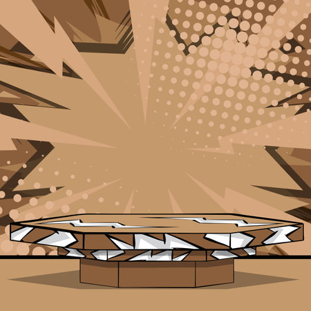 Comic Book Stage. Brown Hexagonal Showcase. Cartoon podium for mockup presentation. Vector Product Advertisement Space. Graphic Presentation Illustration.のイラスト素材