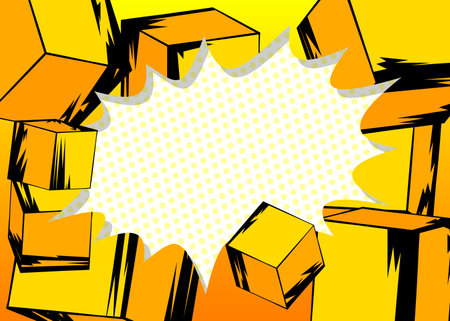 Blank comic book speech bubble background with cube shapes. Yellow comics cartoon template.のイラスト素材