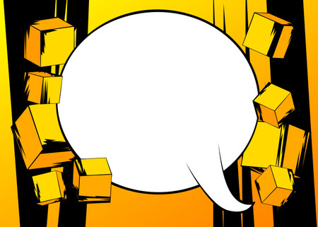 Blank comic book speech bubble background with cube shapes. Yellow comics cartoon template.のイラスト素材