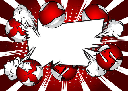 Red and white comic book poster with spheres. Comics Presentation with Advertising space, abstract background. Retro pop art style.のイラスト素材