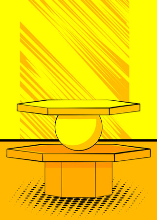 Comic Book Product Presentation Scene. Advertising podium. Pop art stage for mockup presentation, yellow background.のイラスト素材