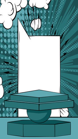 Crystal Blue Comic Book Showcase. Abstract Cartoon Product Podium. Manga Style Showroom Mockup Presentation. Pop Art background.のイラスト素材