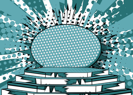 Crystal Blue Comic Book Showcase. Abstract Cartoon Product Podium. Manga Style Showroom Mockup Presentation. Pop Art background.のイラスト素材
