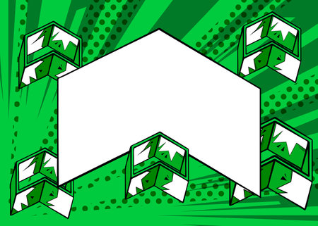 White, Blank Comic book arrow on green background poster. Comics abstract Symbol. Retro pop art Direction Sign.のイラスト素材