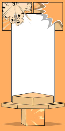 Cartoon light orange colored product podium stage. High comic book mockup presentation. Marketing, Sale banner template.のイラスト素材