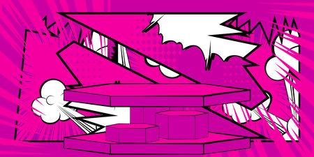 Comic Book Fuchsia Colored Product Podium Stage. Comics Showroom for Mockup Presentation. Pop Art Pedestal Advertising Background.のイラスト素材