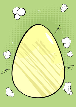 Comic book Easter banner with pastel green and yellow colored Egg. Comics abstract retro pop art style background poster.のイラスト素材